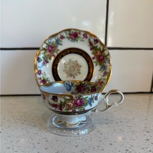 Vintage Floral Chintz Teacup and Saucer Set with Gold Accents